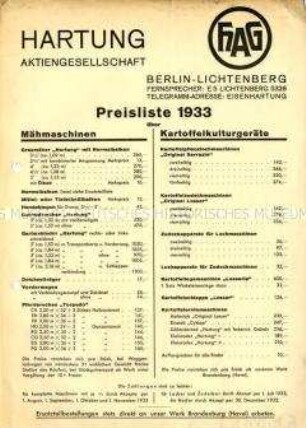 Preisliste über Erntemaschinen