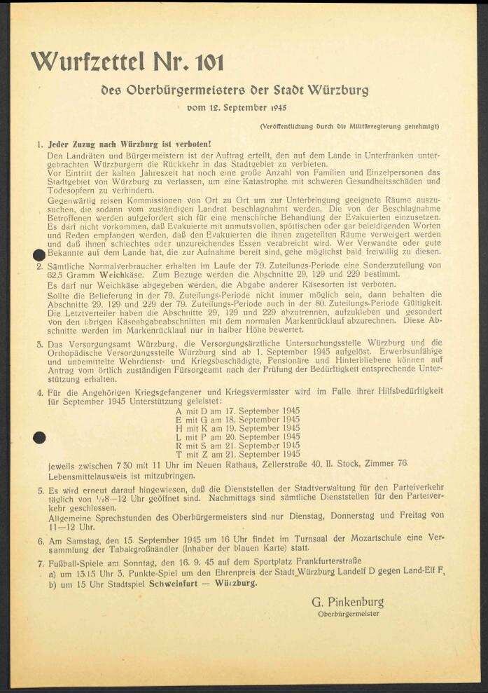 Wurfzettel Nr. 101 des Oberbürgermeisters der Stadt
                              Würzburg | Digitalisierung: Stadtarchiv Würzburg