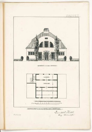 Ateliergebäude Monatskonkurrenz April 1904: Grundriss Obergeschoss, Aufriss Gartenansicht (Eingang) 1:100; Maßstabsleiste