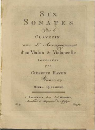 Six sonates pour le clavecin avec l'accompagnement d'un violon & violoncelle : op. 4