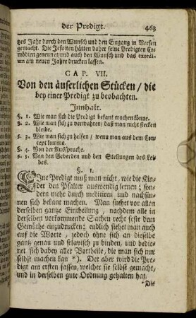 Cap. VII. Von den äuserlichen Stücken, die bey einer Predigt zu beobachten