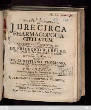 Dissertatio Inauguralis, De Iure Circa Pharmacopolia Civitatum