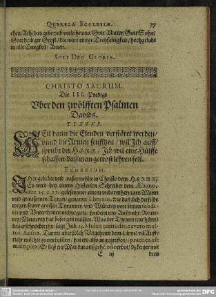 Christo Sacrum. Die III. Predigt Uber den zwölfften Psalmen Davids