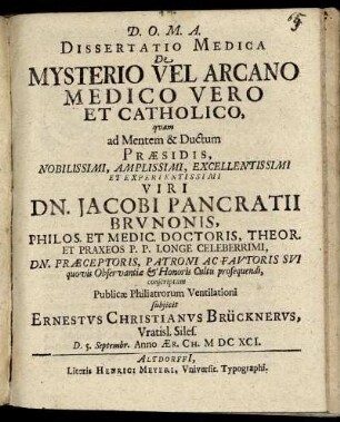 Dissertatio Medica De Mysterio Vel Arcano Medico Vero Et Catholico