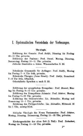 I. Systematisches Verzeichnis der Vorlesungen