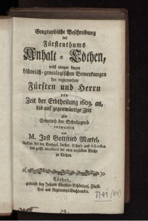 [1]: Geographische Beschreibung des Fürstenthums Anhalt [...]. [1]