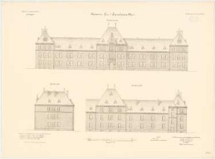 Kavallerie Kasernement, Danzig-Langfuhr Kaserne für 2 Eskadrons No. 1: Giebelansicht, Vorderansicht, Hinteransicht, 1:100