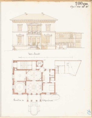 Villa, Gera Monatskonkurrenz April 1878: Grundriss Erdgeschoss, Aufriss Gartenansicht; Maßstabsleiste