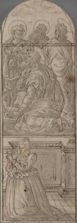 Glasfensterentwurf: vier Apostel oder Heilige, darunter eine weibliche Stifterfigur