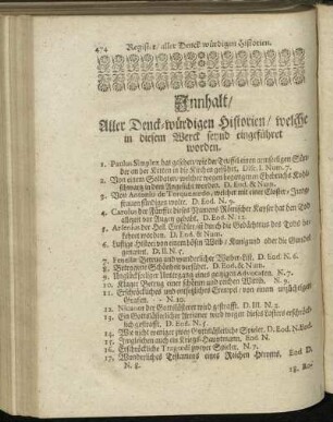 Innhalt/ Aller Denck-würdigen Historien/ welche in diesem Werck seynd eingeführet worden.