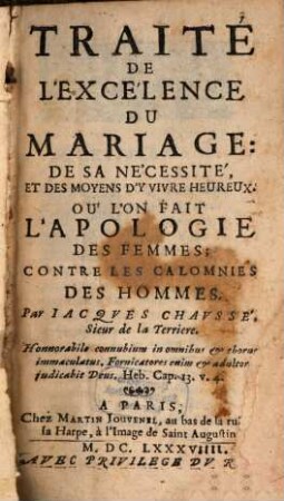Traité de l'excellence du Mariage