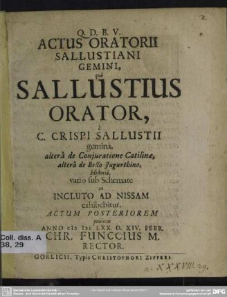 Actus oratorii Sallustiani gemini, quo Sallustius orator, e C. Crispi Sallustii gemina