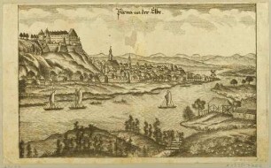 Stadtansicht von Pirna mit dem Sonnenstein und der Marienkirche von Nordosten über die Elbe gesehen