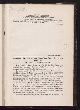 Bemerkung über die ventrale Rumpfmusculatur der anuren Amphibien
