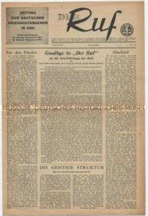 Letzte Ausgabe der zentralen Zeitung der deutschen Kriegsgefangenen in der USA "Der Ruf"