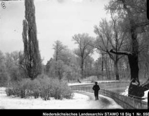 Spaziergänger in verschneiter Parkanlage (Wolfenbüttel, Stadtgraben ?) Enthält: Platte 3