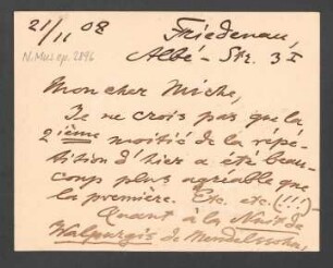 Briefkarte an Paul Miche : 21.11.1908