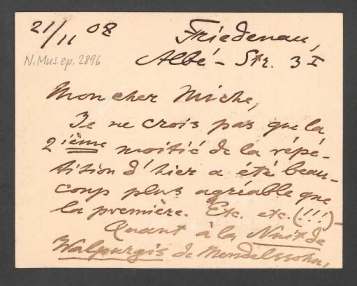 Briefkarte an Paul Miche : 21.11.1908