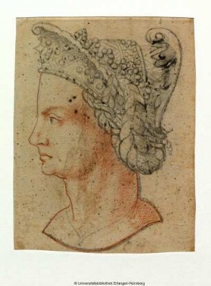 Weiblicher Profilkopf mit Diadem, Haube und Flechten