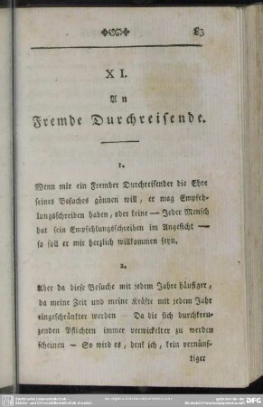 XI. An Fremde und Durchreisende
