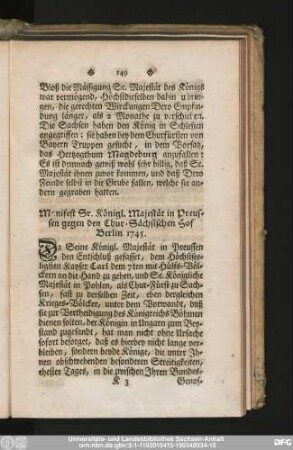 Manifest Sr. Königl. Majestät in Preussen gegen den Chur-Sächsischen Hof Berlin 1745.