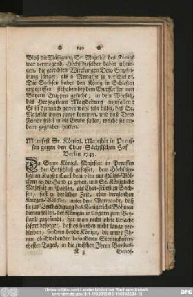 Manifest Sr. Königl. Majestät in Preussen gegen den Chur-Sächsischen Hof Berlin 1745.