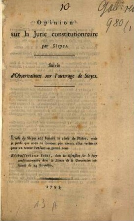Opinion sur la Jurie constitutionnaire : Suivie d'Observations sur l'ouvrage de Sieyès