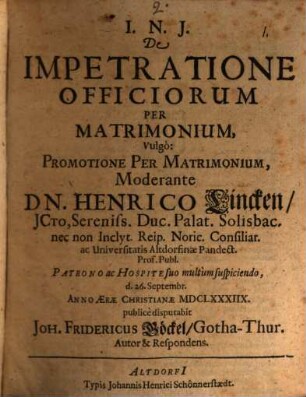 De impetratione officiorum per matrimonium, vulgo: promotione per matrimonium
