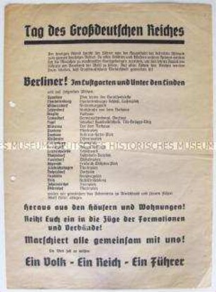 Flugblatt mit dem Aufruf zu Kundgebungen in Berlin anlässlich der Übertragung der Hitler-Rede aus Wien nach dem "Anschluß" Österreichs