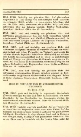 Inro in Gurilack und in verschiedenen Techniken. Nr. 1755-1763