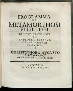 Programma De Metamorphosi Filii Dei : Qvinqve Orationibvs
