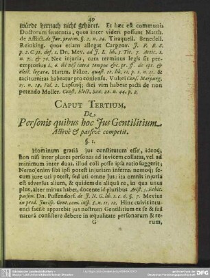 Caput Tertium. De Personis quibus hoc Ius Gentilitium Active & passive competit