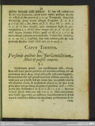 Caput Tertium. De Personis quibus hoc Ius Gentilitium Active & passive competit
