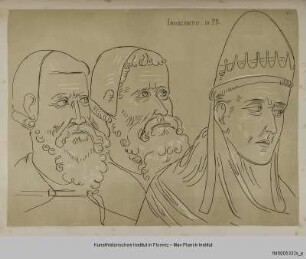 Köpfe von Papst Innozenz IV. und zwei griechischen Patriarchen während der Exequien der Heiligen Klara