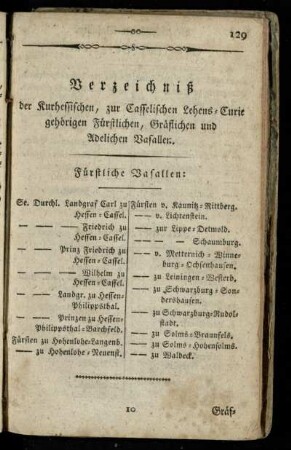 Verzeichniß der Kurhessischen, zur Casselischen Lehens-Curie gehoerigen Fuerstlichen, Graeflichen und Adelichen Vasallen