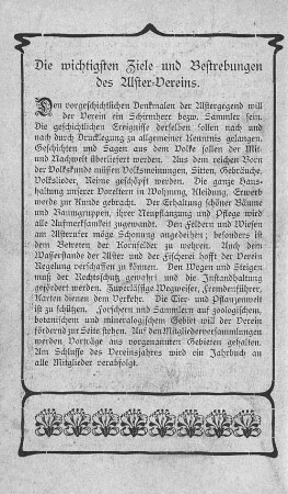 Die wichtigsten Ziele und Betrebungen des Alster-Vereins.