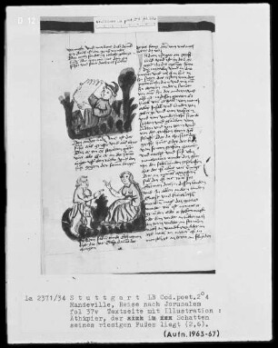Jean de Mandeville, Reise nach Jerusalem — Textseite mit zwei Illustrationen, Folio 37verso