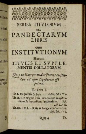Series Titulorum in Pandectarum Libris cum Institutionum Harum Titulus Et Supplementis Collatorum.