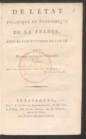 De L'État Politique Et Économique De La France, Sous Sa Constitution De L'An III. : Ouvrage traduit de l'Allemand