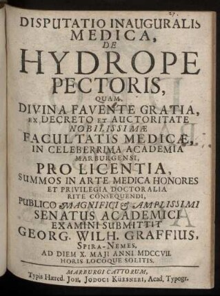 Disputatio Inauguralis Medica, De Hydrope Pectoris