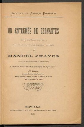 Un entremés de Cervantes : boceto histórico en un acto, dividido en dos cuadros, original y en verso