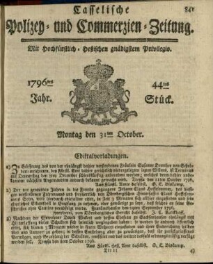 44tes Stueck, Montag den 31ten October 1796