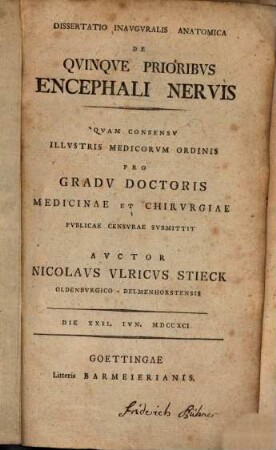 Diss. inaug. anat. de quinque prioribus encephali nervis