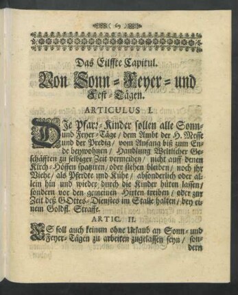 Das Eilffte Capitul. Von Sonn- Feyer- und Fest-Tägen