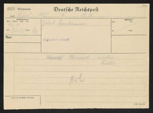 Brief von Hermann Georg Fiedler an Gerhart Hauptmann