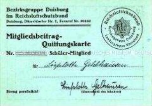 Mitgliedsbeitrag-Quittungskarte des Reichsluftschutzbundes für Lieselotte Gelhausen
