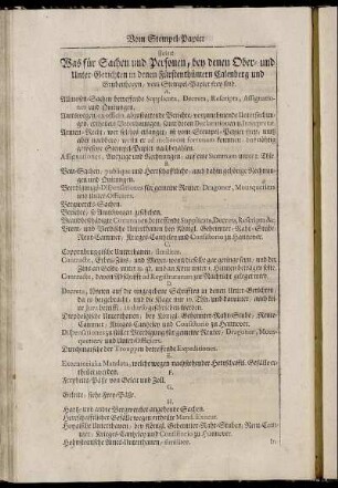 Folget, Was für Sachen und Personen, bey denen Ober- und Unter-Gerichten in denen Fürstenthümern Calenberg und Grubenhagen, vom Stempel-Papier frey sind.