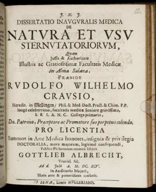 Dissertatio Inauguralis Medica De Natura Et Usu Sternutatoriorum