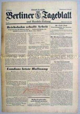 Berliner Tageblatt u.a. zur NS-Kirchenpolitik und zur Ernennung von Todt zum Generalinspekteur des Straßenwesens