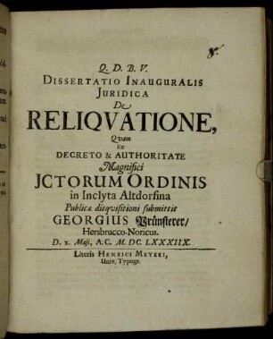 Dissertatio Inauguralis Iuridica De Reliquatione